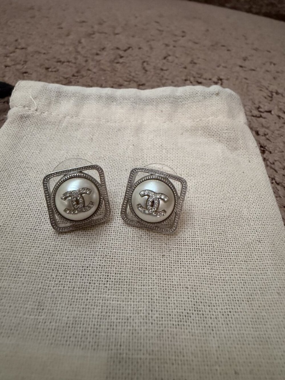 Chanel P20 Pearl Crystal CC Square Stud Earrings